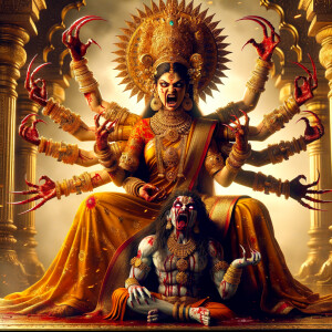 portrait of angry looking, four-armed indian goddess  sitting on a gold crown and carrying a weak mahishasur on her lap and poking his abdomen with her amazingly long red fingernails . She is wearing gold armor, a huge gold crown, gold saree, abundant  gold jewelry, covered in blood. The scene is set in ancient India. The image is 8K resolution, cinematic, photography, ultra detailed face and epic.