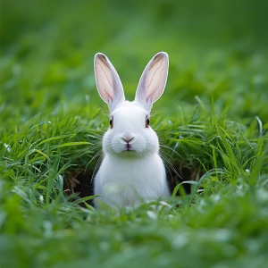 create an image of a white rabbit coming out of a hole in a gras...