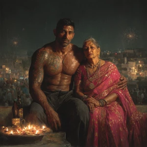 Realism, photo painting.a muscular beefy sweaty tattoed indian m...