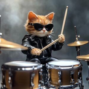 A full-body image of a small cat wearing sunglasses and a black...