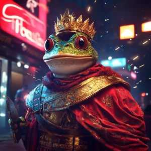 Pepe the Frog dressed as an ancient Roman emperor, wearing a gol...