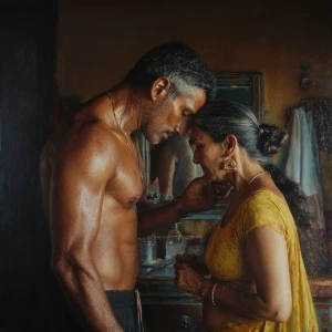 hyperRealism painting.a muscular sweaty indian employer man cari...