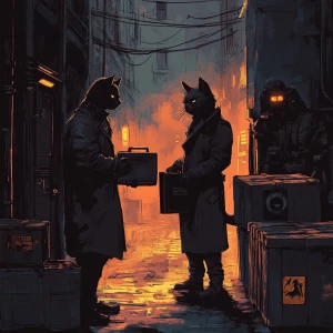 A shady cat in a trench coat exchanging a briefcase with another...