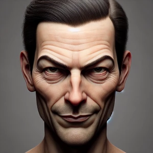 Design a hyper-realistic portrait of a man whose visage exudes c...