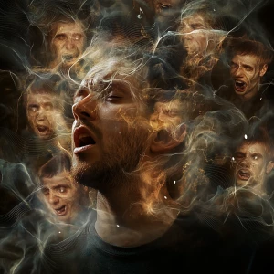 Generate an image of a man visibly distressed by schizophrenia,...