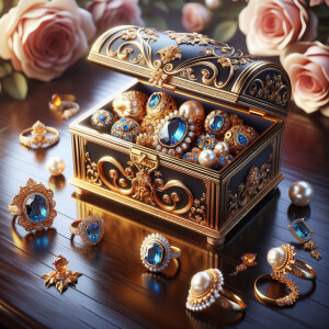 Create an image of an ornate jewelry box richly detailed with golden swirls and floral motifs, with no items on the top. Inside the box lies a collection of exquisite jewelry, each piece featuring vibrant blue gemstones set amongst pearls and golden accents. This treasure is placed on a dark wooden surface, subtly reflecting the luster of the gems. Around the box, there are loose gemstones, a golden flower, and soft pink roses in the blurred background, contributing to the elegant ambiance. The name 'Karen' is elegantly inscribed above the jewelry box, adding a personalized touch to the scene.