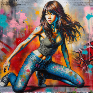 teenage girl, long brown hair and bangs, wearing tight skinny jeans and a halter top paint marks on her clothing, heroic pose Asian graffiti background, nearing on one knee