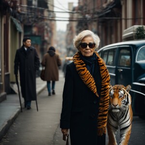 An elderly woman with sunglasses, dressed in a black coat and sc...
