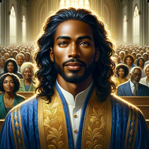 Illustrate an inspiring African-American Jesus crust with a dign...