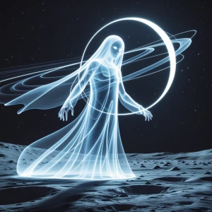 An ethereal digital ghost, shimmering with otherworldly light ag...