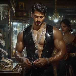 Wealthy Indian man with a muscular build, glistening with sweat,...