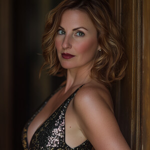 A beautiful woman in her 40s with an intense, smoldering gaze, h...