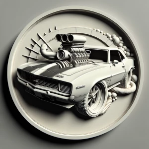 Grayscale 3D bas relief of a 69 camaro with a blower sticking ou...