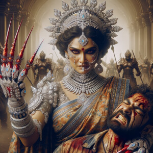 portrait of angry looking, muscular beautiful goddess durga carrying a short weak evil man and stabbing him with her red fingernails. She is wearing diamond saree, diamond armor, a huge diamond crown, abundant diamond jewelry. The scene is set in a dry landscape.  blood everywhere. The image is 8K resolution, cinematic, ultra detailed face and epic.