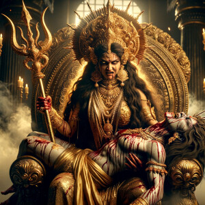 photograph of angry looking goddess durga sitting on a gold crown and carrying a weak mahishasur on her lap and stabbing him with her amazingly designed trident. She is wearing gold armor, a huge gold crown, gold saree, abundant  gold jewelry, covered in blood. The scene is set in ancient India. The image is 8K resolution, cinematic, ultra detailed face and epic.