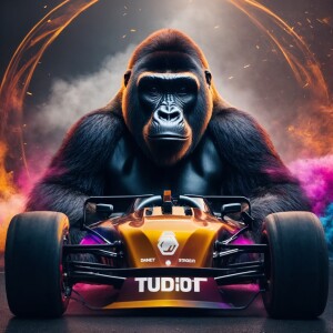 Gorilla driving an RC drift car with Logo saying Revved Gorilla