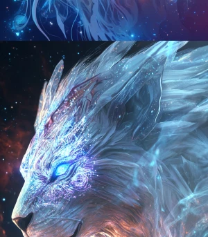 2.5D art portrait of an alien-lion hybrid. Its crystalline mane...