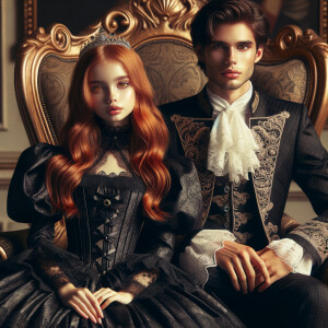 Lilith as a girl with elegant gothic lolita dress sit beside handsome lucifer, the girl has red hair and golden eyes, thrones