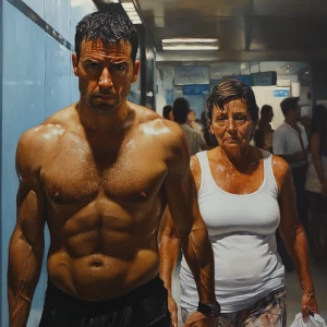 Realism,painting.A man  muscular beefy sweat walking with his  5...