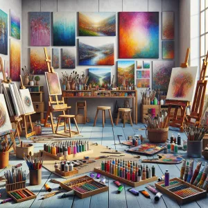 Design an eye-catching, vibrant art studio scene filled with a s...