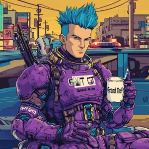 Create an image of a character with spiky blue hair, dressed in...