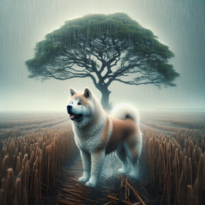 Dog Akita Inu in rainy field with one tree behind