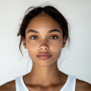 A portrait of a 21-year-old woman with a clean face, brown skin,...