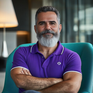 The image shows man white a bearded black, gray haired muscular...