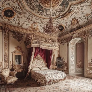 photo of a baroque palace bedroom with canopy bed, baroque class...
