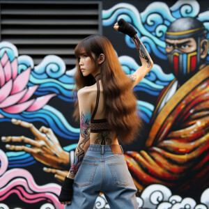 Attractive, Asian teenage girl, long brown hair and bangs, wearing tight skinny jeans and a halter top paint marks on her clothing, backside view heroic pose Asian graffiti