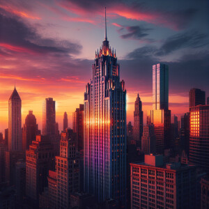 New York City skyline at sunset, with the Empire State Building...
