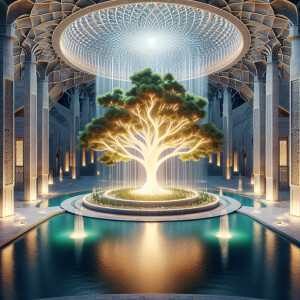 A large glowing tree surrounded by water is located inside an Ar...