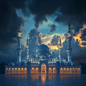 A breathtaking, illuminated mosque with grand domes and tall min...
