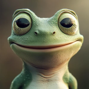 a green anthropomorphic frog with big, round bulging eyes, subtl...
