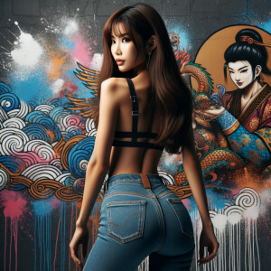 Attractive, Asian teenage girl, long brown hair and bangs, wearing tight skinny jeans and a halter top paint marks on her clothing, backside view heroic pose Asian graffiti