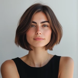 a woman, look to the camera, 'Layered bob' hairstyle