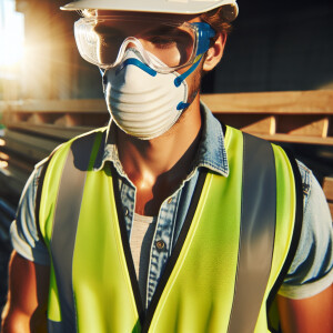 A work site featuring a white man wearing all his safety PPE. He...