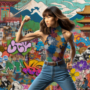 Very thin Athletic Thin skinny Attractive, Asian teenage girl, long brown hair and bangs, wearing tight skinny jeans and a halter top paint marks on her clothing, heroic sideways pose Asian graffiti background