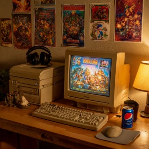 A nostalgic 1990s retro gaming setup in a dimly lit room at nigh...