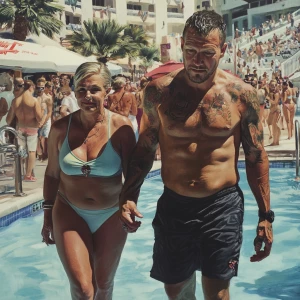 Hyperrealistic painting,a pool party new york summer resort,a mu...