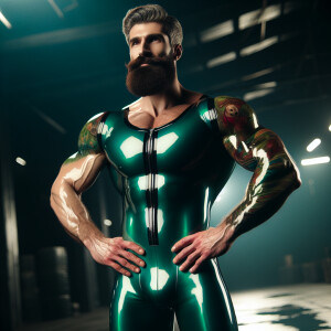 A bearded muscular man standing confidently with his hands on hi...