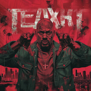 Create a futuristic album cover featuring a bald African America...