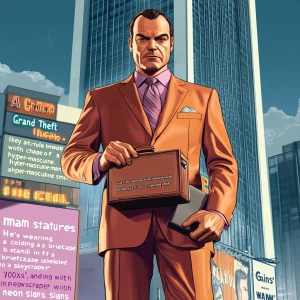 "A Grand Theft Auto key art-style image of a hyper-masculine man...
