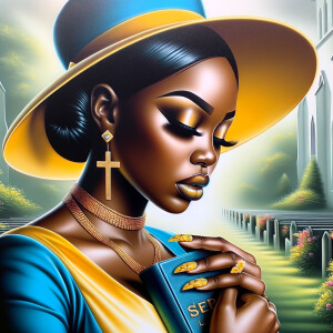 An airbrush oil painting depicts an African American woman with...
