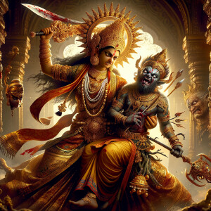 portrait of angry looking goddess durga sitting on a gold crown...