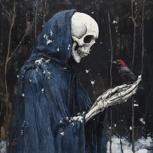 portrait side view of Skeleton wearing a blue velvet  hooded cap...