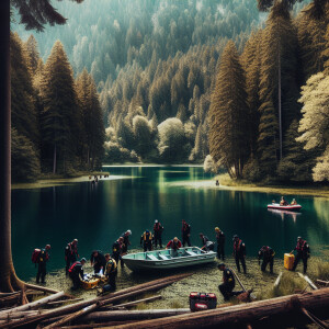 Rescuers found a small boat in a lake surrounded by trees