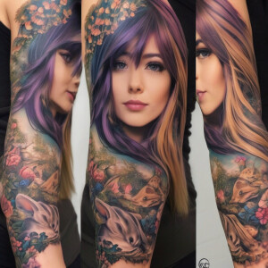 Design an arm sleeve tattoo featuring Alice falling amongst rabb...