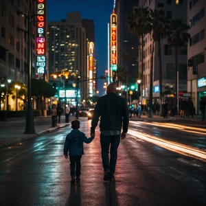 A father and son walking together down a bustling Los Angeles st...