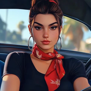 Lucia from GTA, not a pretty girl with brown hair, thick eyebrow...